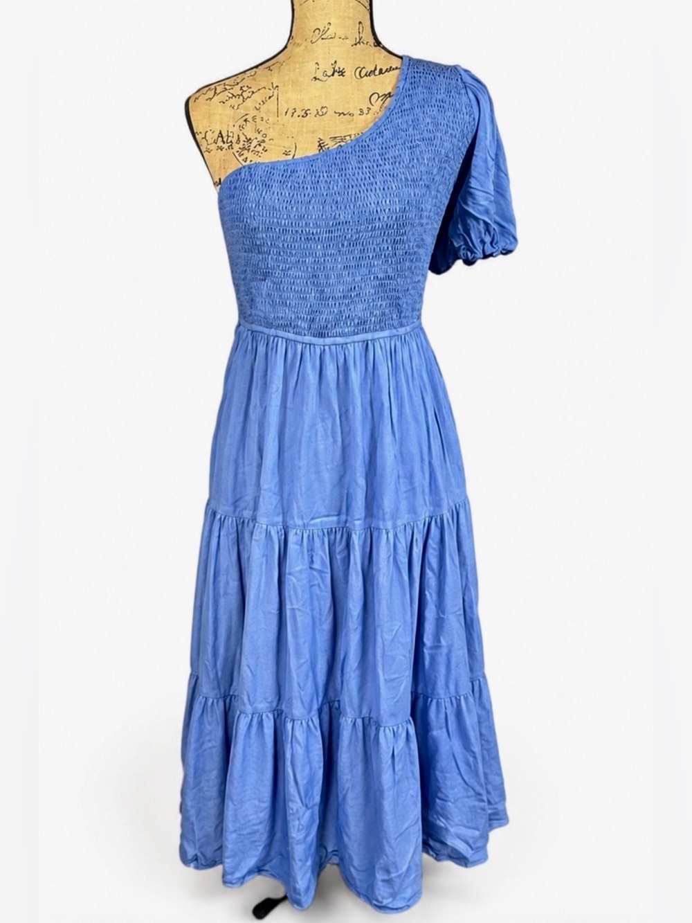 ZESICA Blue One Shoulder Smocked Maxi Dress Large Side Slit